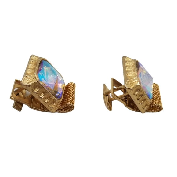 VINTAGE GOLDTONED & LARGE AURORA BOREALIS CRYSTAL STATEMENT CUFFLINKS - Picture 2 of 5
